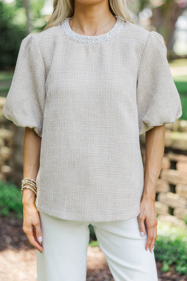 Calling On You Oatmeal Brown Tweed Blouse