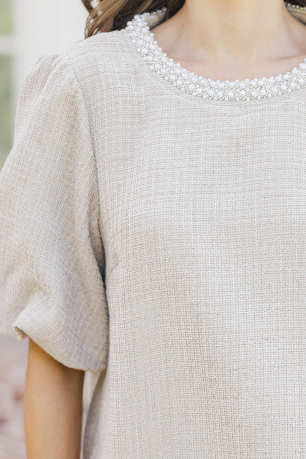 Calling On You Oatmeal Brown Tweed Blouse