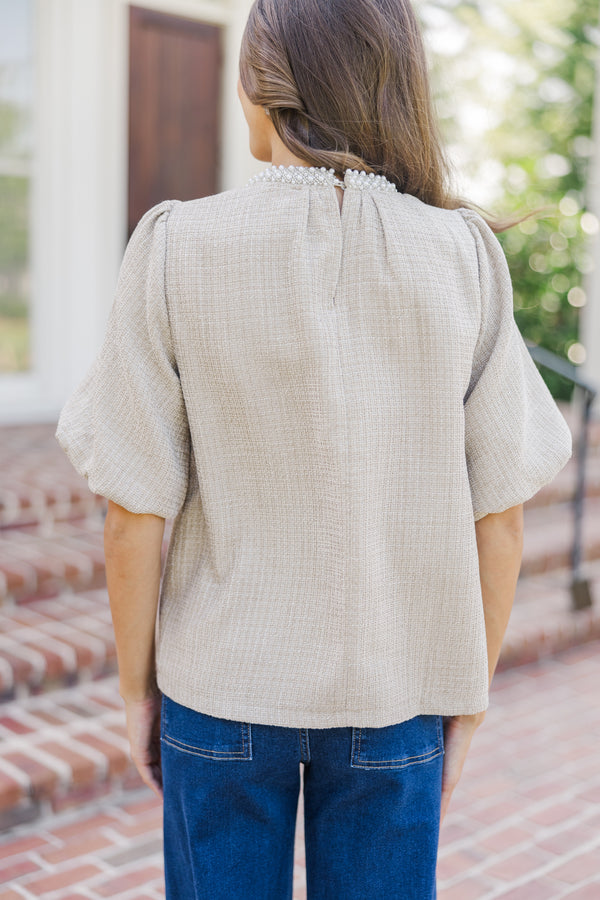 Calling On You Oatmeal Brown Tweed Blouse