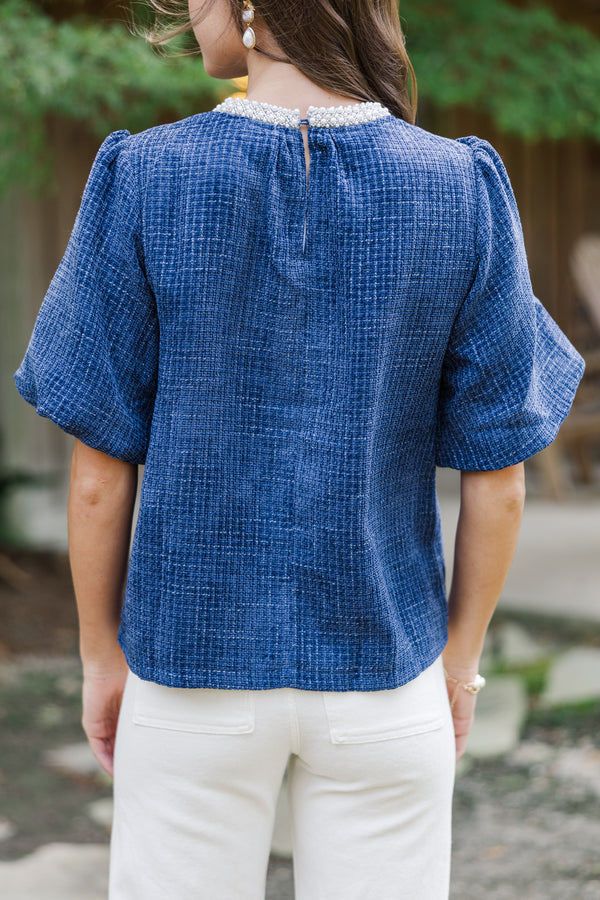 Calling On You Navy Blue Tweed Blouse