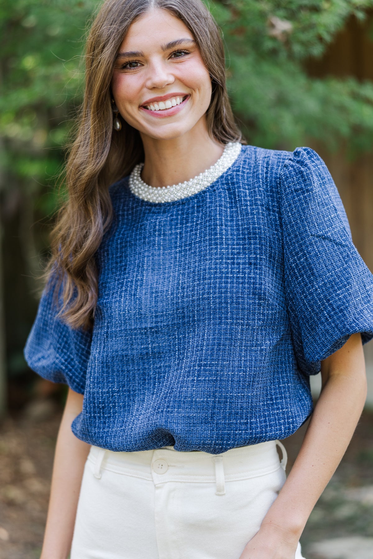 【新品タグ付】elu.Aurora blouse 2Way tweed navy 114034.Calling-On-You-Navy-