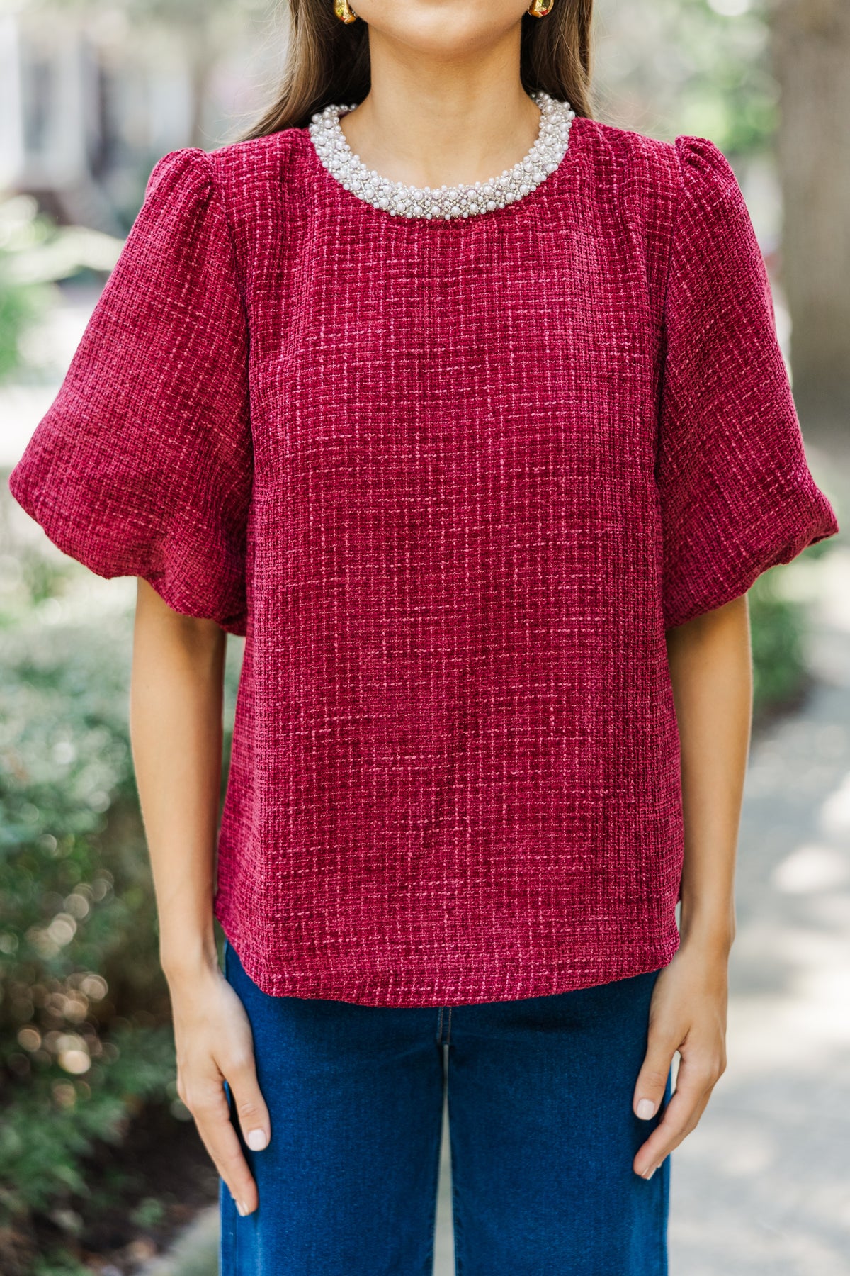 Calling On You Burgundy Red Tweed Blouse – Shop the Mint