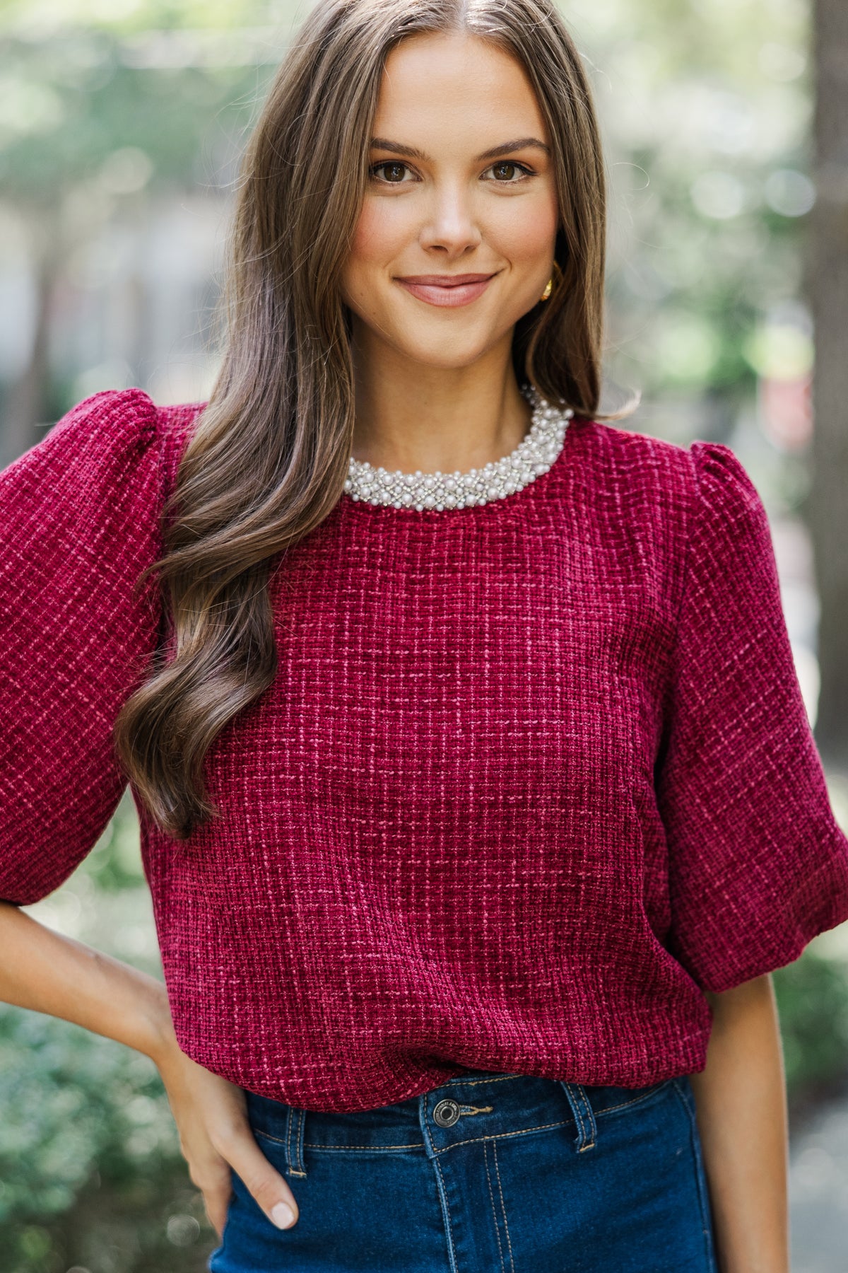 Calling On You Burgundy Red Tweed Blouse – Shop the Mint