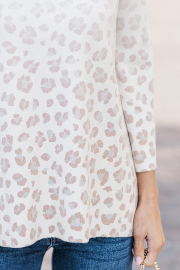 Just A Feeling Cream White Leopard Mock Neck Sweater