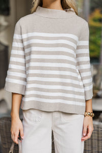 Just A Feeling Taupe Striped Mock Neck Sweater