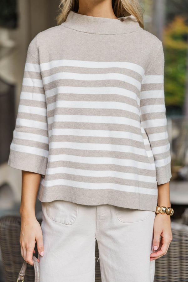 Just A Feeling Taupe Striped Mock Neck Sweater