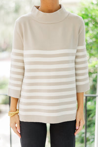 Just A Feeling Taupe Striped Mock Neck Sweater