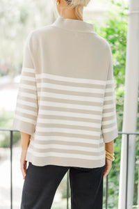 Just A Feeling Taupe Striped Mock Neck Sweater