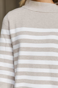 Just A Feeling Taupe Striped Mock Neck Sweater