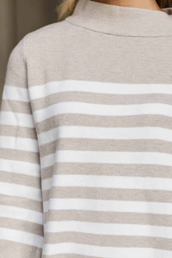 Just A Feeling Taupe Striped Mock Neck Sweater
