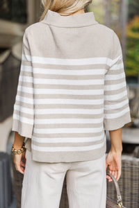 Just A Feeling Taupe Striped Mock Neck Sweater