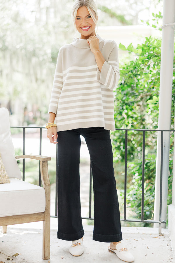 Just A Feeling Taupe Striped Mock Neck Sweater