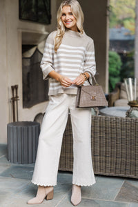 Just A Feeling Taupe Striped Mock Neck Sweater