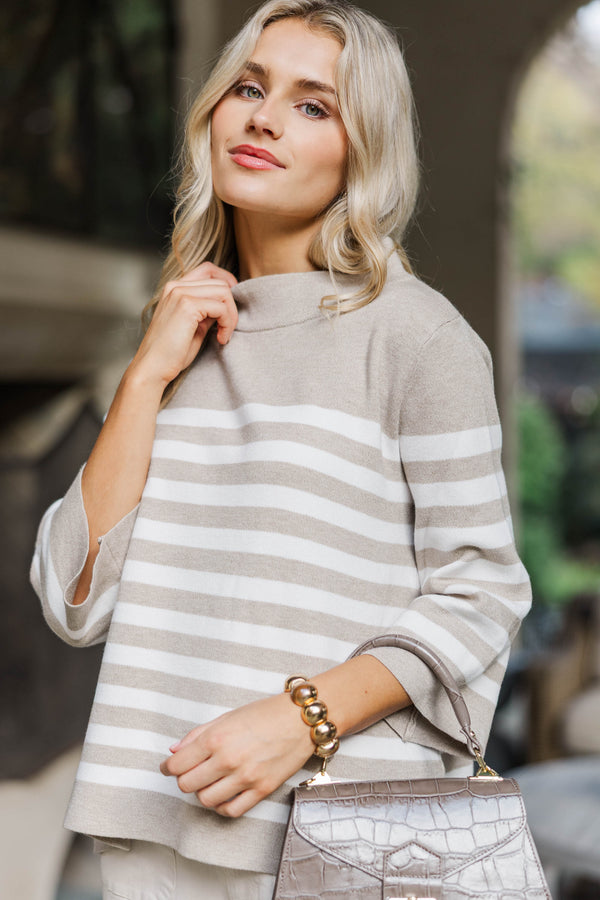 Just A Feeling Taupe Striped Mock Neck Sweater