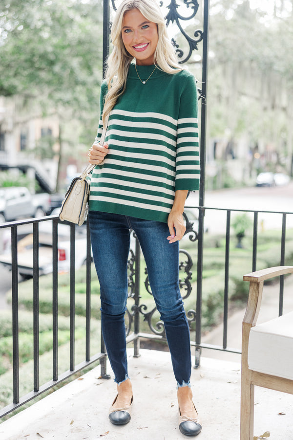 Just A Feeling Emerald Green Striped Mock Neck Sweater