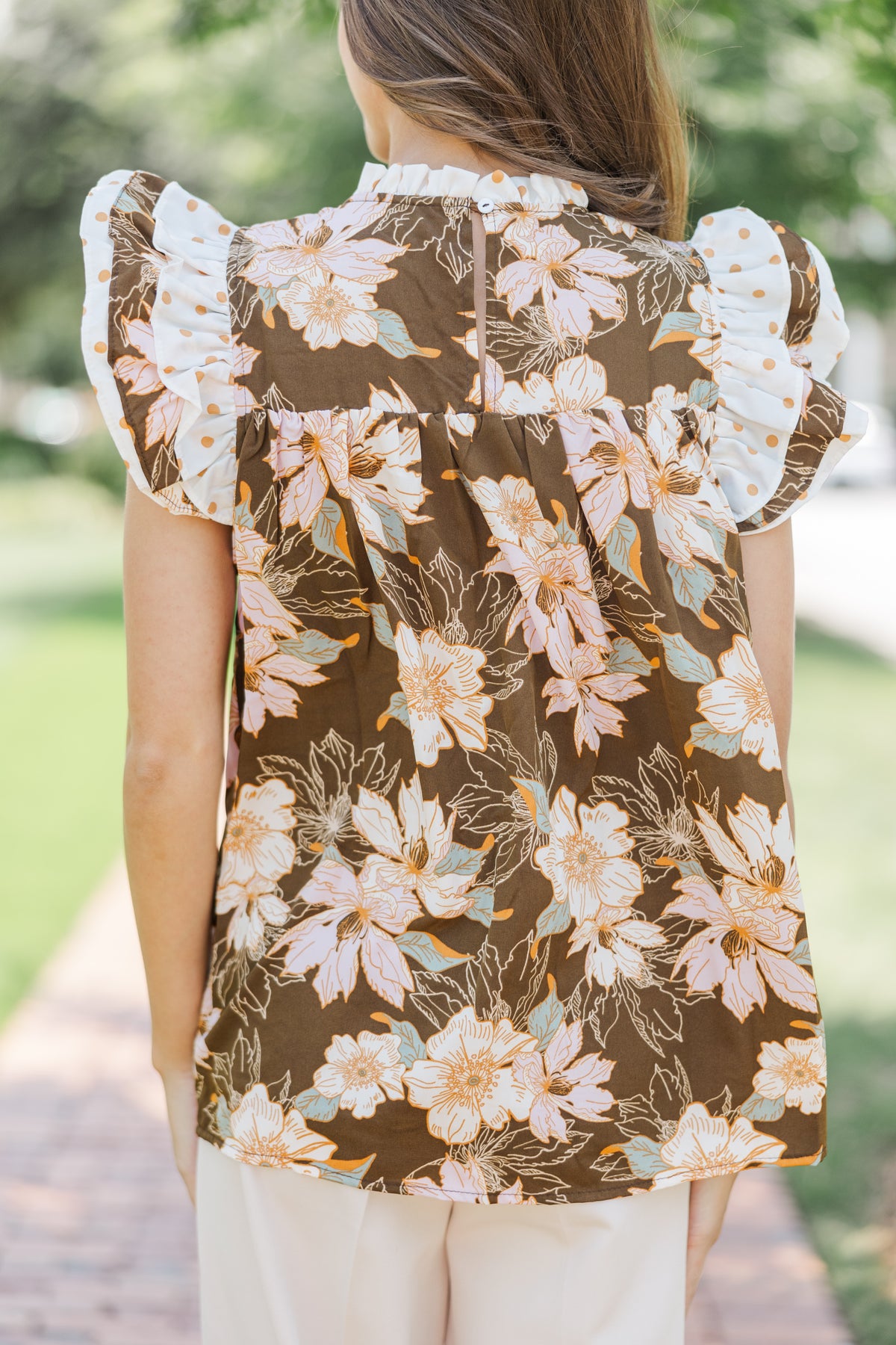 Brown Autumn Floral Print Smocked Cuffs  Blouse