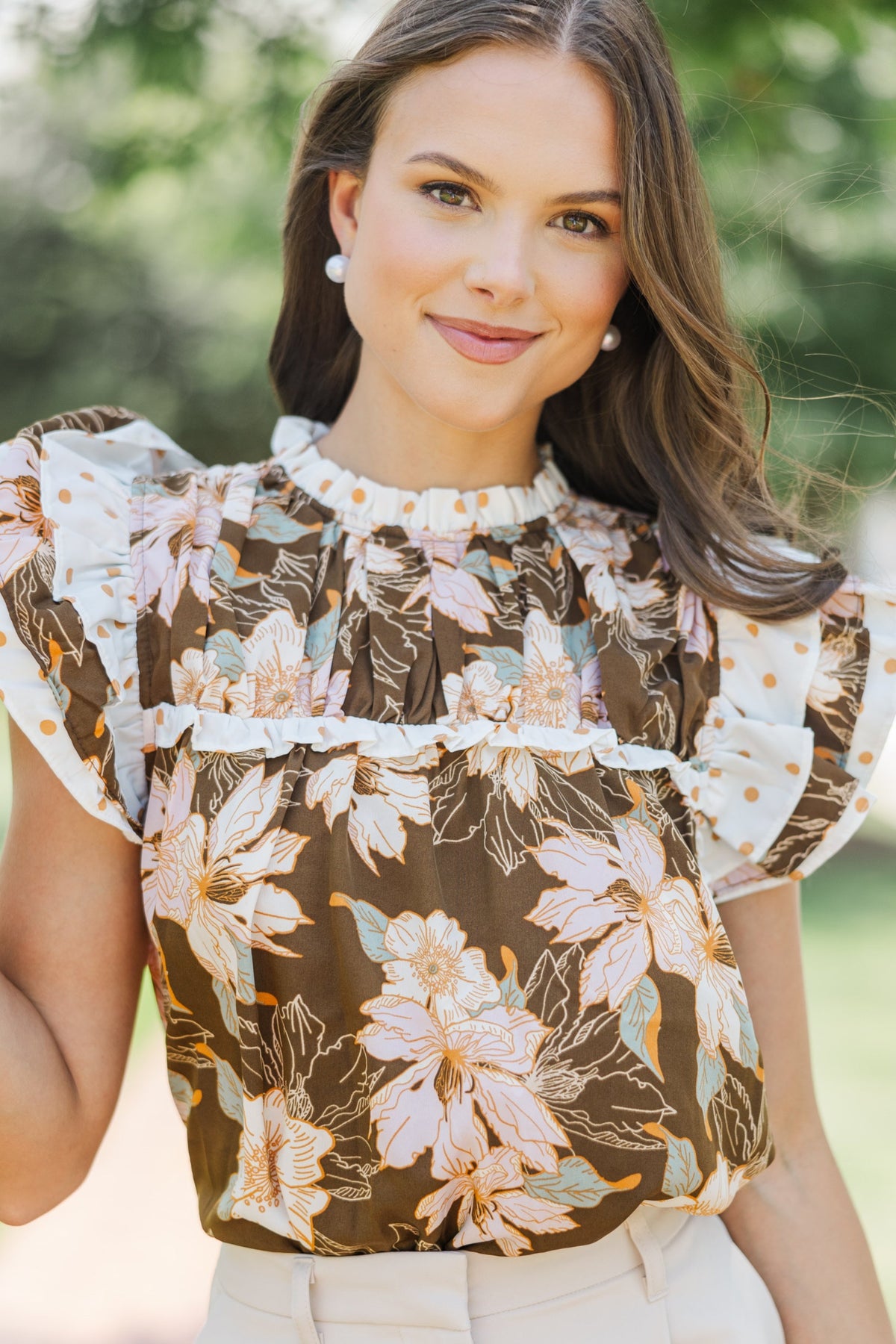 み*様 sovisoon romantic frill blouse mint Full Of Love Brown Floral Ruffled Blouse – Shop the Mint