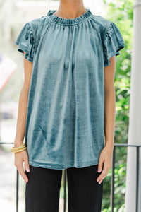 Looking That Way Teal Blue Velvet Blouse