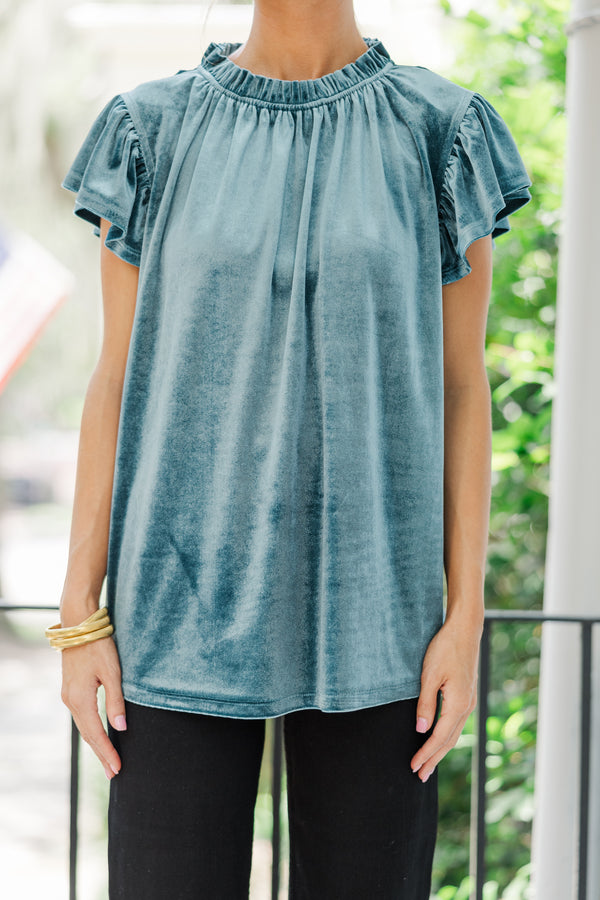 Looking That Way Teal Blue Velvet Blouse