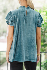 Looking That Way Teal Blue Velvet Blouse