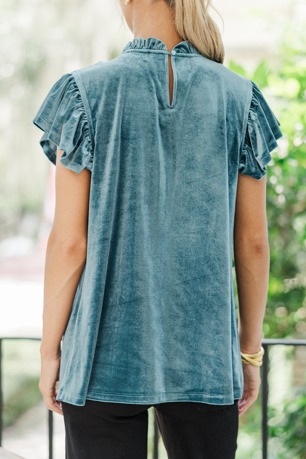 Looking That Way Teal Blue Velvet Blouse