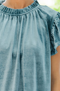 Looking That Way Teal Blue Velvet Blouse