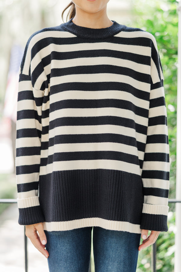 On The Way Up Black & Natural Striped Sweater