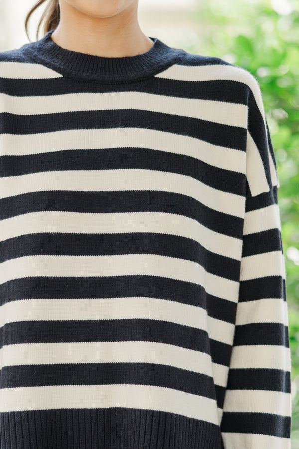 On The Way Up Black & Natural Striped Sweater