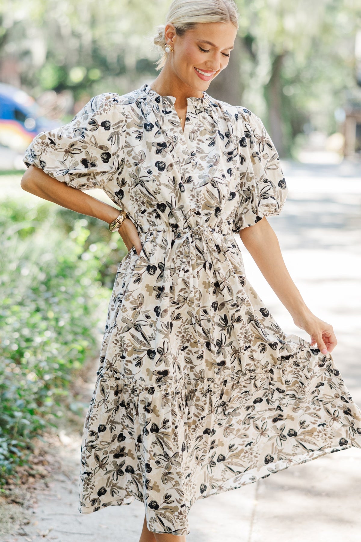 beige floral midi dress Mac Duggal Women's Floral Embellished Long Sleeve Mesh Midi Dress - Multi - Size 10