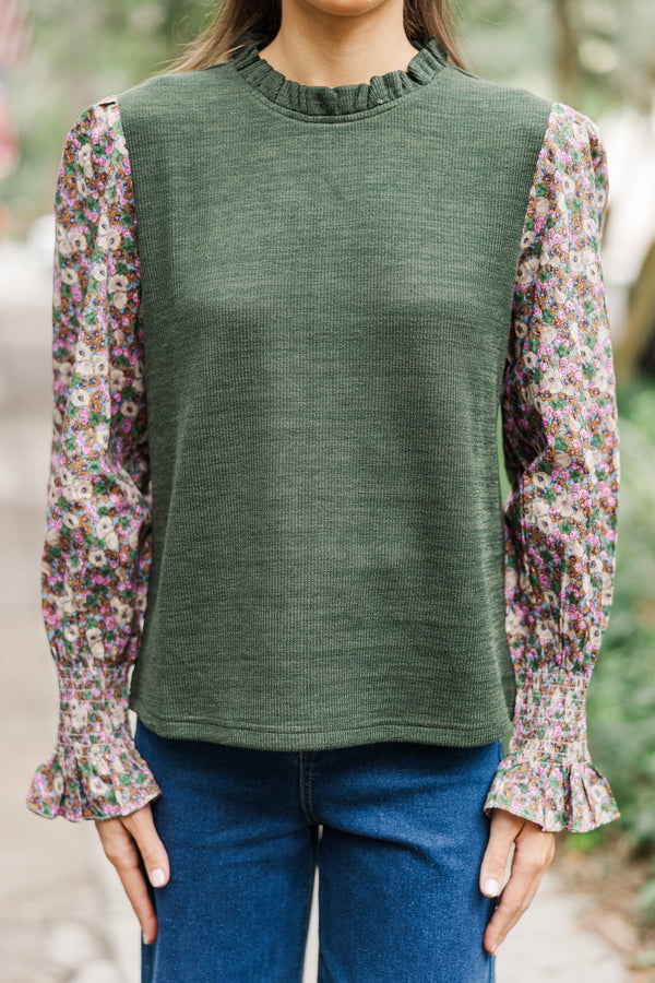 Feeling So Happy Olive Green Floral Blouse