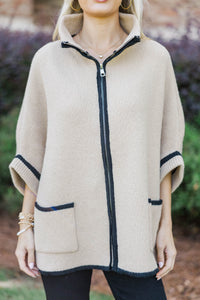 Living The Dream Taupe Zip Up Poncho