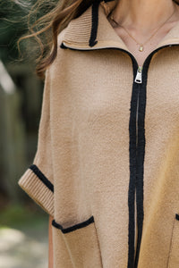 Living The Dream Taupe Zip Up Poncho