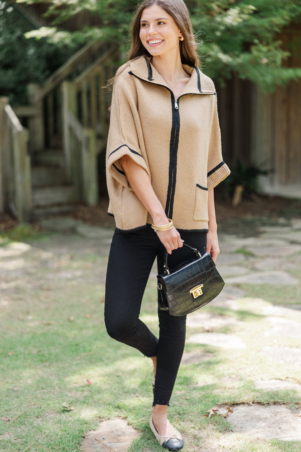 Living The Dream Taupe Zip Up Poncho