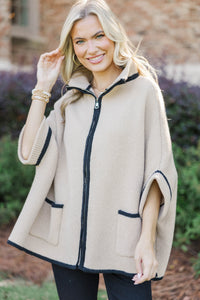 Living The Dream Taupe Zip Up Poncho