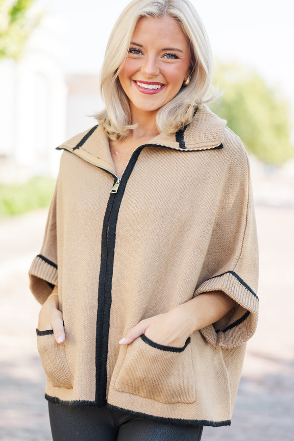 Living The Dream Taupe Zip Up Poncho