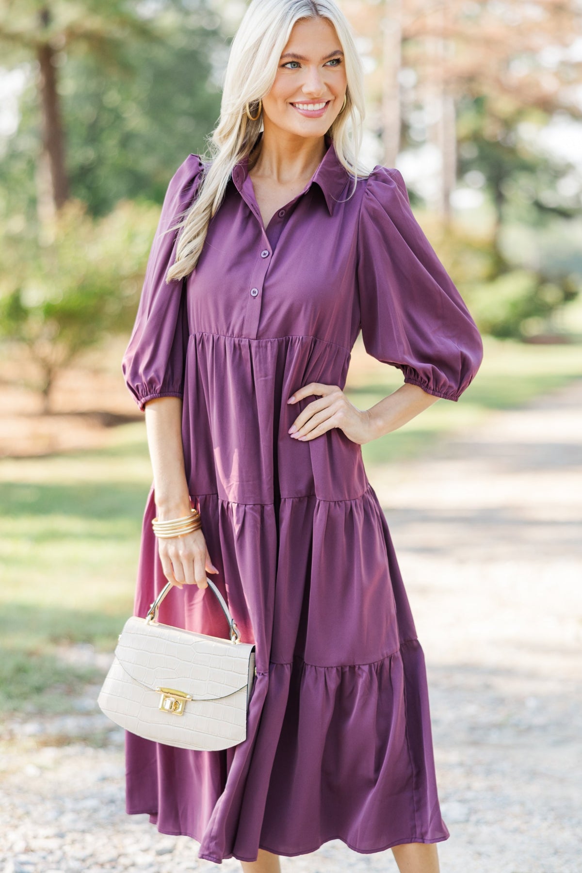 Love Found Plum Purple Tiered Midi Dress – Shop the Mint