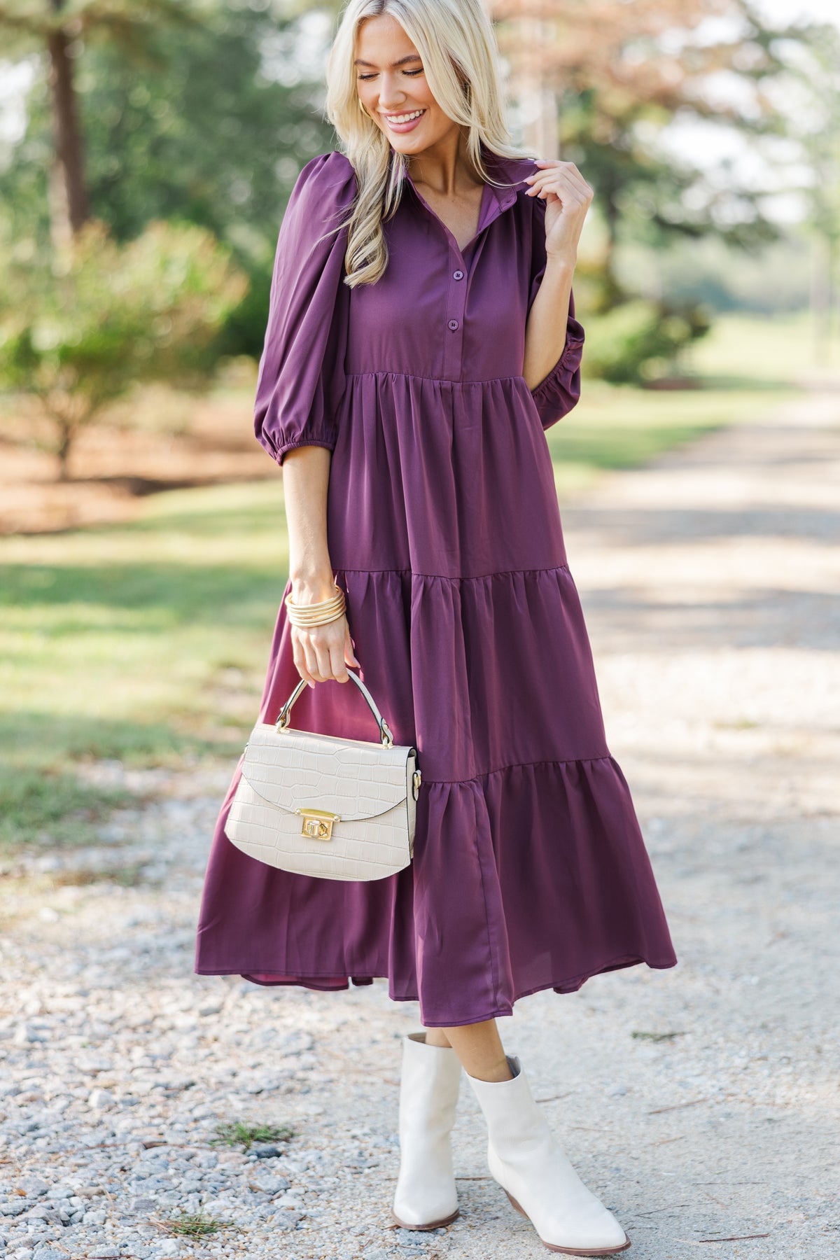 purple and beige dress Love Found Plum Purple Tiered Midi Dress – Shop the Mint