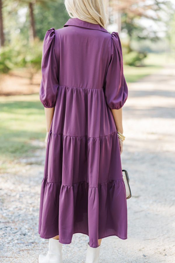 Love Found Plum Purple Tiered Midi Dress