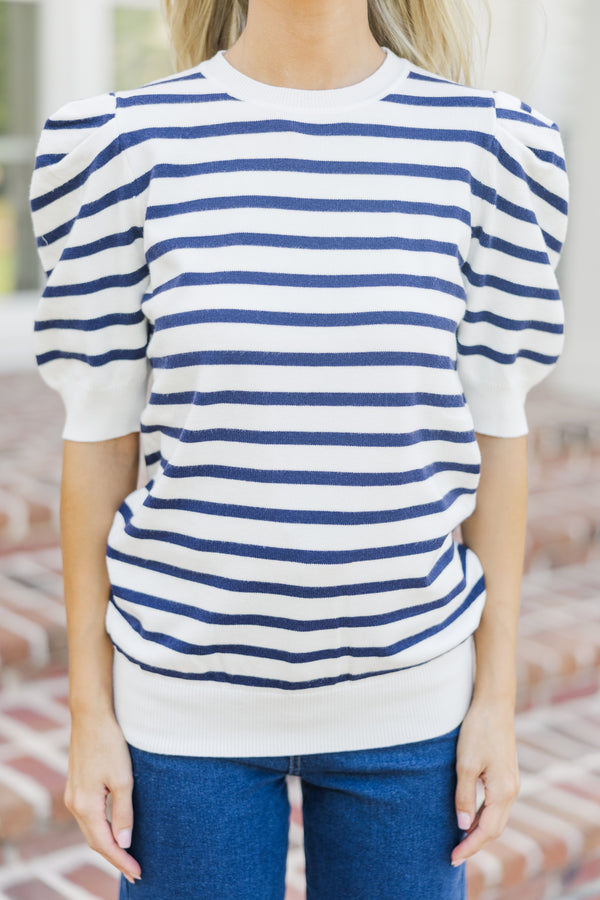 Nautical Breeze Navy Blue Puff Sleeve Top