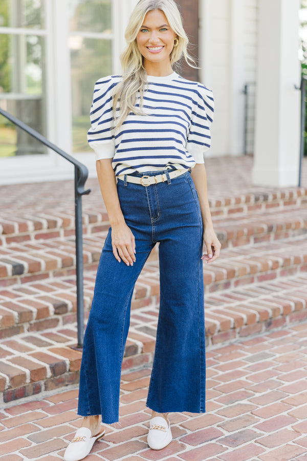 Nautical Breeze Navy Blue Puff Sleeve Top