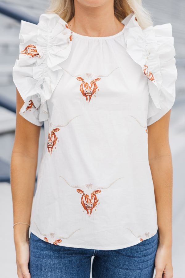 Listen To Your Heart White Longhorn Ruffled Blouse