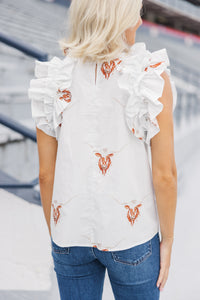 Listen To Your Heart White Longhorn Ruffled Blouse