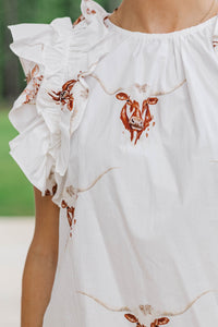 Listen To Your Heart White Longhorn Ruffled Blouse