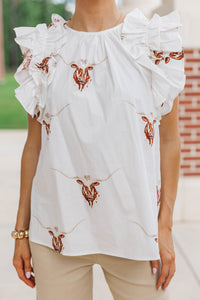 Listen To Your Heart White Longhorn Ruffled Blouse