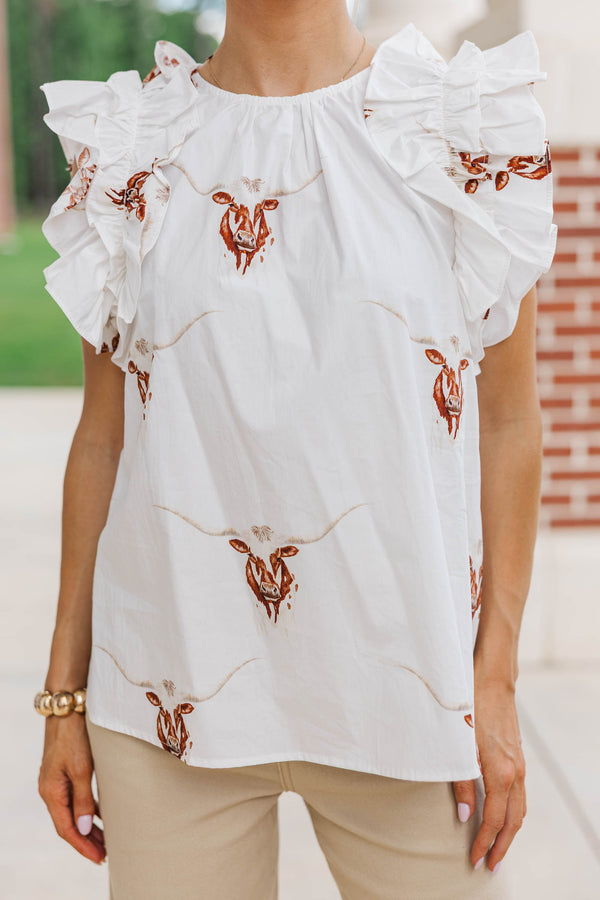 Listen To Your Heart White Longhorn Ruffled Blouse