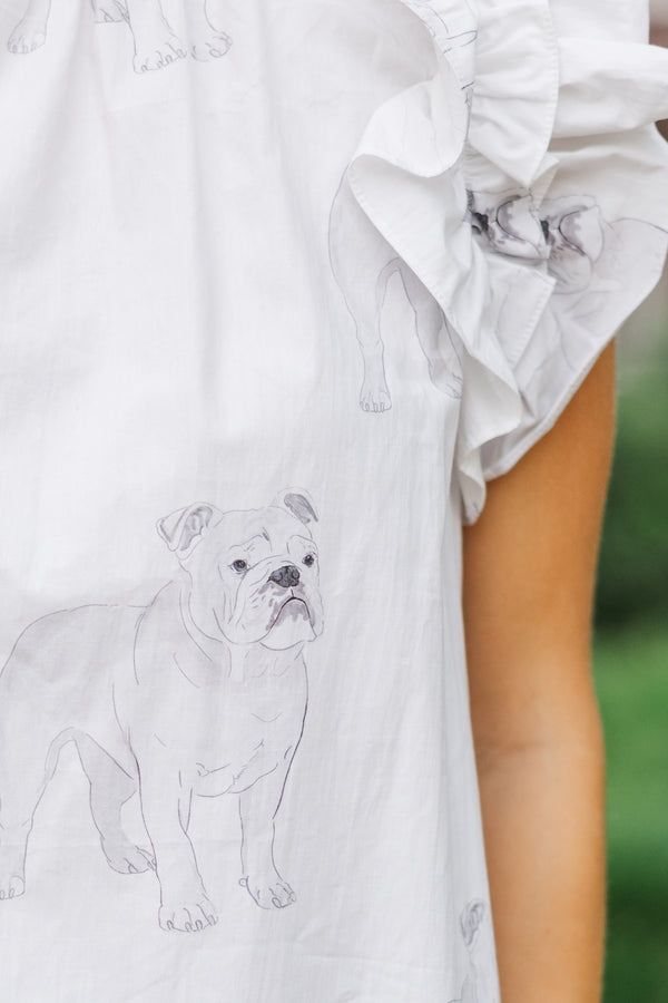 Listen To Your Heart White Bulldog Ruffled Blouse