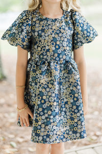 Girls: The Taylor Navy Blue Floral Brocade Dress