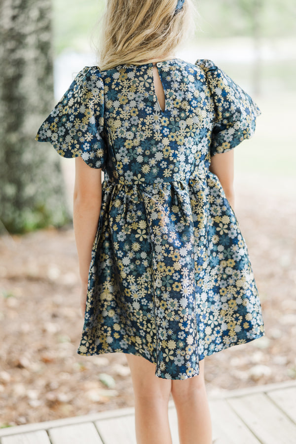 Girls: The Taylor Navy Blue Floral Brocade Dress