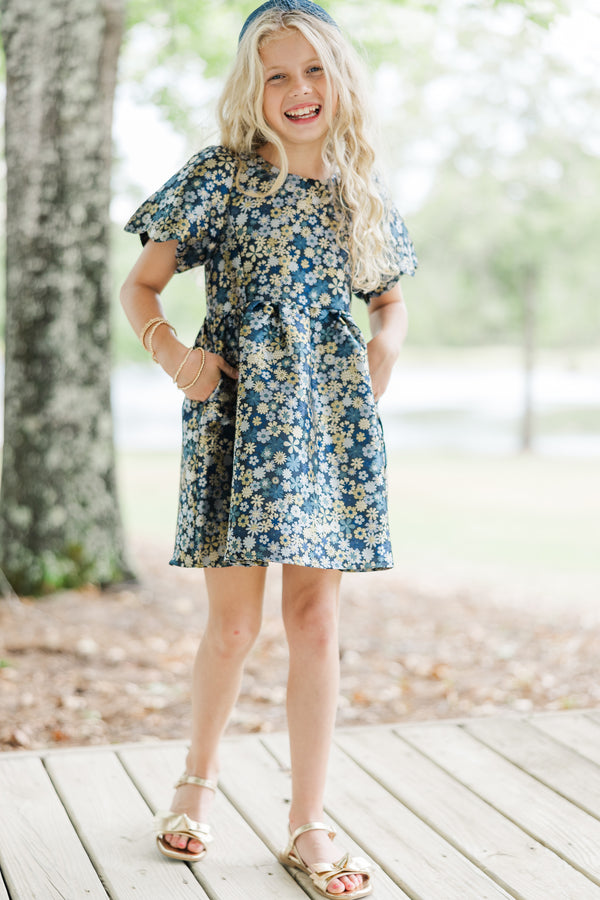 Girls: The Taylor Navy Blue Floral Brocade Dress