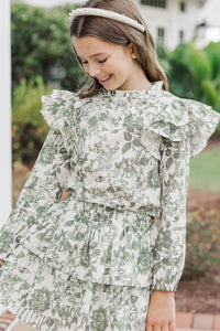 Girls: Just Be Joyful Green Toile L/S Blouse